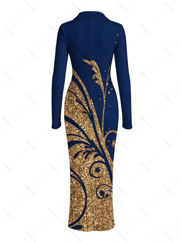 Vintage Shirt Dress Golden Scroll Vine Print Ruched Button Up Long Sleeve Bodycon Slit Dress - Bleu profond XXL | US 14
