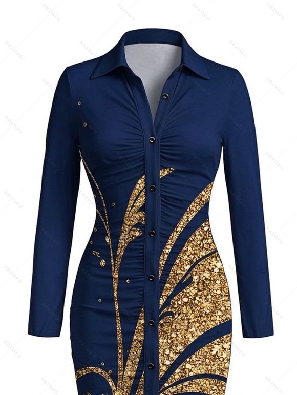 Vintage Shirt Dress Golden Scroll Vine Print Ruched Button Up Long Sleeve Bodycon Slit Dress - Bleu profond XXL | US 14