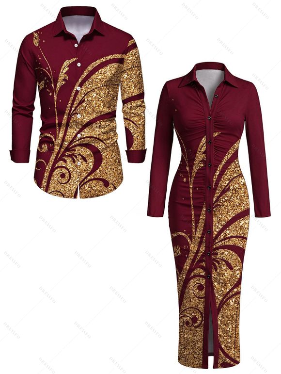 Vintage Couple Outfit Golden Scroll Vine Print Ruched Button Up Bodycon Slit Shirt Dress and Long Sleeve Shirt Set - Rouge Vineux S | US 4