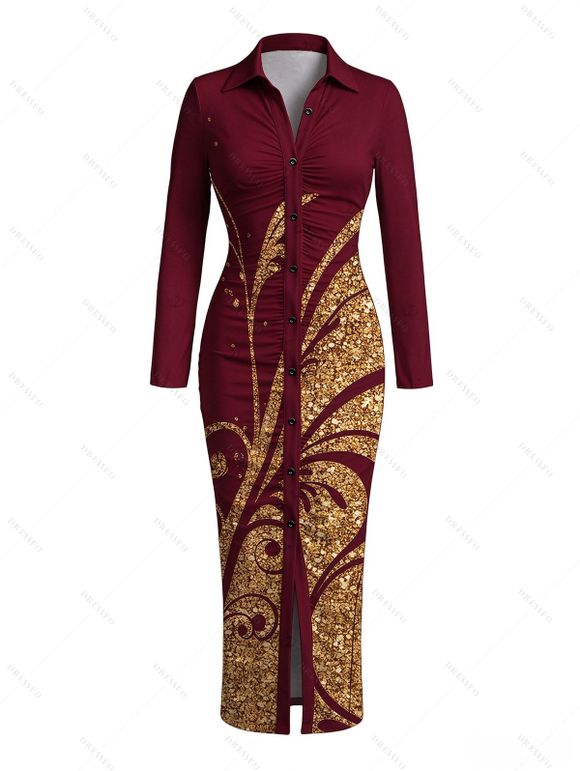 Vintage Couple Outfit Golden Scroll Vine Print Ruched Button Up Bodycon Slit Shirt Dress and Long Sleeve Shirt Set - Rouge Vineux S | US 4