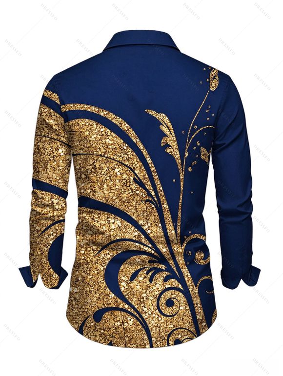 Vintage Couple Outfit Golden Scroll Vine Print Ruched Button Up Bodycon Slit Shirt Dress and Long Sleeve Shirt Set - Bleu profond S | US 4