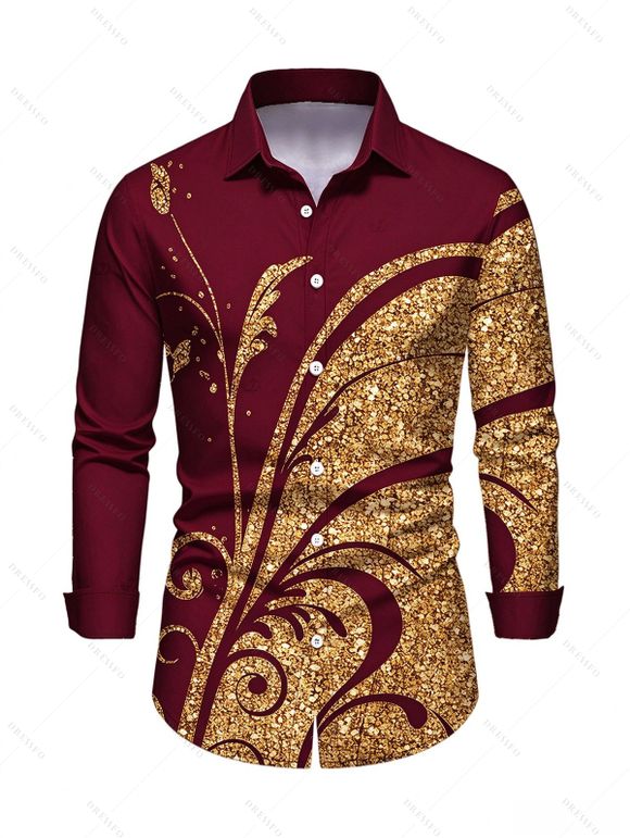 Vintage Couple Outfit Golden Scroll Vine Print Ruched Button Up Bodycon Slit Shirt Dress and Long Sleeve Shirt Set - Rouge Vineux S | US 4