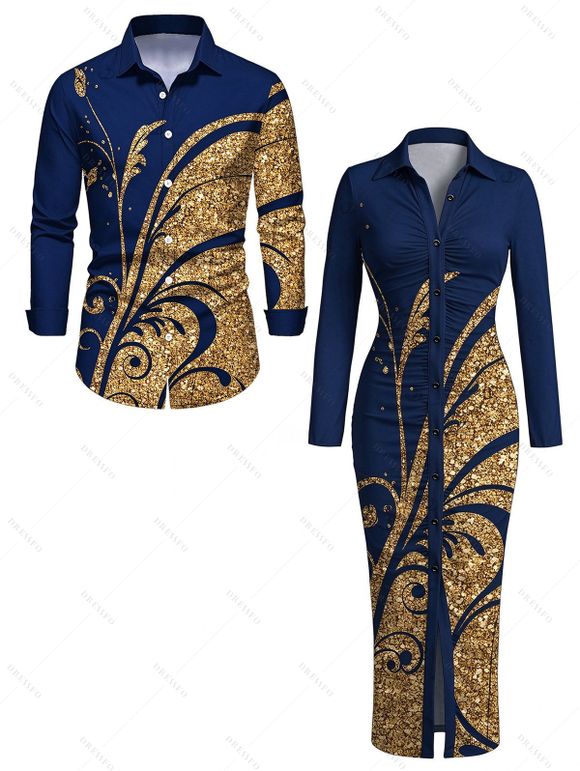 Vintage Couple Outfit Golden Scroll Vine Print Ruched Button Up Bodycon Slit Shirt Dress and Long Sleeve Shirt Set - Bleu profond S | US 4