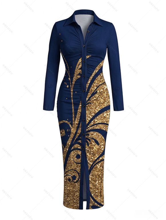 Vintage Couple Outfit Golden Scroll Vine Print Ruched Button Up Bodycon Slit Shirt Dress and Long Sleeve Shirt Set - Bleu profond S | US 4
