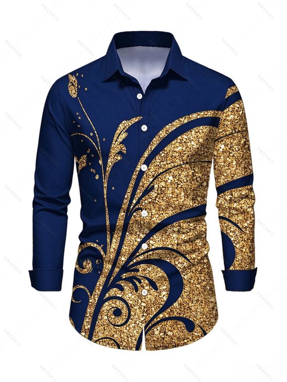 Vintage Couple Outfit Golden Scroll Vine Print Ruched Button Up Bodycon Slit Shirt Dress and Long Sleeve Shirt Set - Bleu profond S | US 4