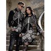 Holiday Couple Outfit Skeleton Rose Floral Shinny Dots Print Bell Sleeve A Line Mini Sweater Dress and Long Sleeve Shirt Set - BLACK S | US 4