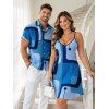 Casual Couple Outfit Abstract Geometric Print Spaghetti Strap A Line Mini Dress and Short Sleeve Shirt Set - SKY BLUE S | US 4