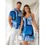 Casual Couple Outfit Abstract Geometric Print Spaghetti Strap A Line Mini Dress and Short Sleeve Shirt Set - SKY BLUE S | US 4