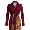 Vintage Shirt Dress Golden Scroll Vine Print Ruched Button Up Long Sleeve Bodycon Slit Dress - Rouge Vineux XL | US 12
