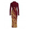 Vintage Shirt Dress Golden Scroll Vine Print Ruched Button Up Long Sleeve Bodycon Slit Dress - Rouge Vineux XL | US 12