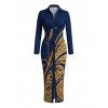 Vintage Shirt Dress Golden Scroll Vine Print Ruched Button Up Long Sleeve Bodycon Slit Dress - Bleu profond XXL | US 14
