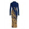 Vintage Shirt Dress Golden Scroll Vine Print Ruched Button Up Long Sleeve Bodycon Slit Dress - Bleu profond XXL | US 14