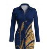 Vintage Shirt Dress Golden Scroll Vine Print Ruched Button Up Long Sleeve Bodycon Slit Dress - Bleu profond XXL | US 14