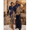 Vintage Couple Outfit Golden Scroll Vine Print Ruched Button Up Bodycon Slit Shirt Dress and Long Sleeve Shirt Set - Bleu profond S | US 4