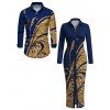 Vintage Couple Outfit Golden Scroll Vine Print Ruched Button Up Bodycon Slit Shirt Dress and Long Sleeve Shirt Set - Bleu profond S | US 4