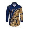 Vintage Couple Outfit Golden Scroll Vine Print Ruched Button Up Bodycon Slit Shirt Dress and Long Sleeve Shirt Set - Bleu profond S | US 4