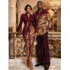 Vintage Couple Outfit Golden Scroll Vine Print Ruched Button Up Bodycon Slit Shirt Dress and Long Sleeve Shirt Set - Rouge Vineux S | US 4