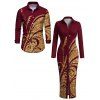 Vintage Couple Outfit Golden Scroll Vine Print Ruched Button Up Bodycon Slit Shirt Dress and Long Sleeve Shirt Set - Rouge Vineux S | US 4