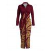 Vintage Couple Outfit Golden Scroll Vine Print Ruched Button Up Bodycon Slit Shirt Dress and Long Sleeve Shirt Set - Rouge Vineux S | US 4