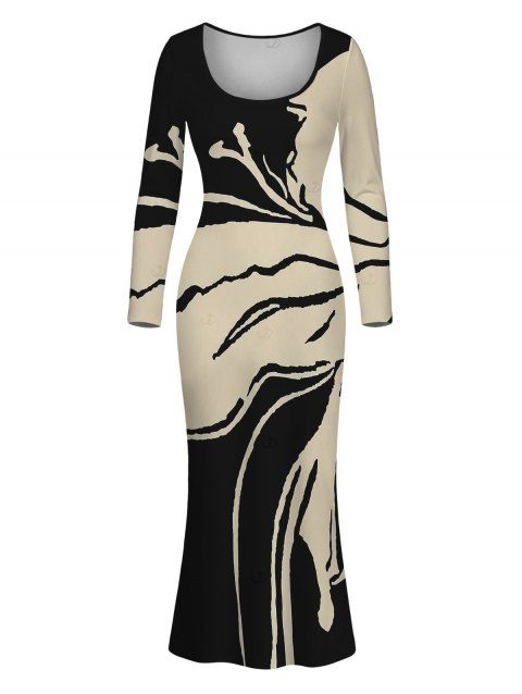 Winter Dress Colorblock Abstract Ink Painting Print U Neck Long Sleeve Bodycon Dress