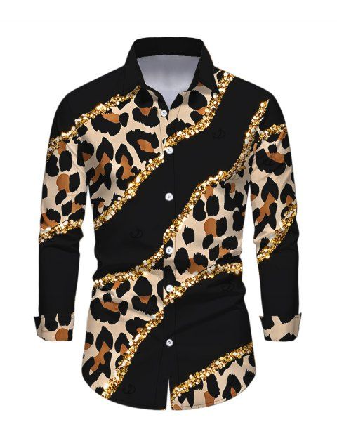 Men's Winter Shirt Leopard Print with Gold Foil Line Print Button Up Long Sleeve Shirt