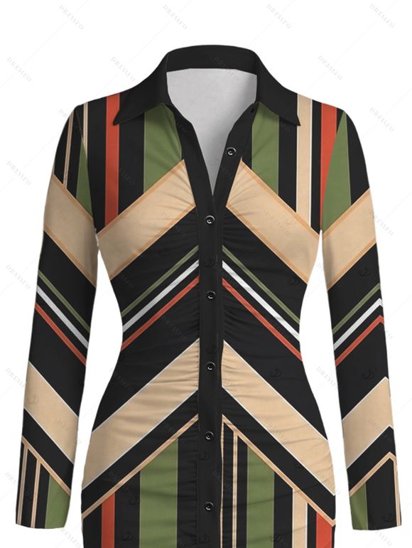 Vintage Shirt Dress Colorblock Geometric Zig Zag Print Ruched Button Up Long Sleeve Bodycon Dress - multicolor A M | US 6