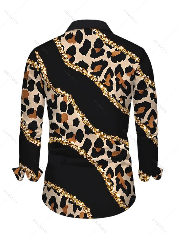 Men's Winter Shirt Leopard Print with Gold Foil Line Print Button Up Long Sleeve Shirt - Noir S