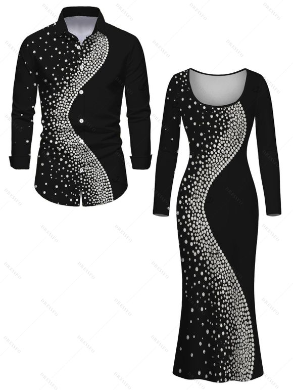 Party Couple Outfit Diagonal Rhinestone Dot Print U Neck Bodycon Dress and Long Sleeve Shirt Set - Noir S | US 4