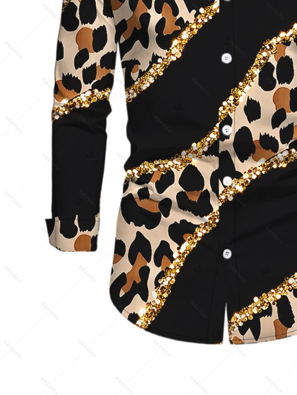 Men's Winter Shirt Leopard Print with Gold Foil Line Print Button Up Long Sleeve Shirt - Noir S