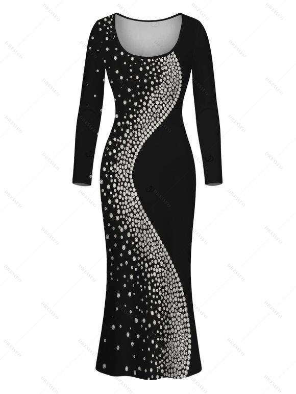 Party Couple Outfit Diagonal Rhinestone Dot Print U Neck Bodycon Dress and Long Sleeve Shirt Set - Noir S | US 4