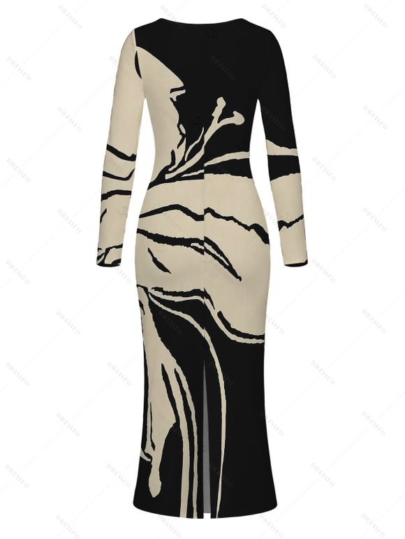 Winter Dress Colorblock Abstract Ink Painting Print U Neck Long Sleeve Bodycon Dress - Noir M | US 6
