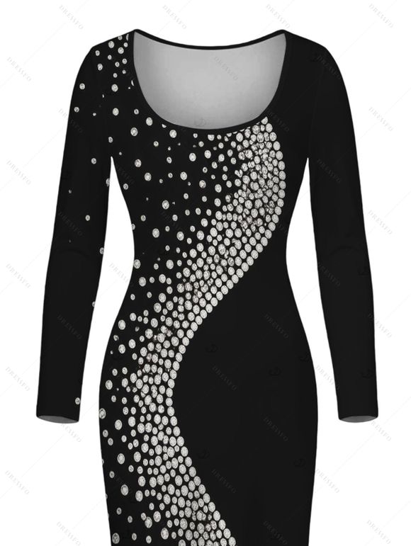 Party Couple Outfit Diagonal Rhinestone Dot Print U Neck Bodycon Dress and Long Sleeve Shirt Set - Noir S | US 4