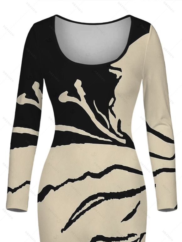 Winter Dress Colorblock Abstract Ink Painting Print U Neck Long Sleeve Bodycon Dress - Noir M | US 6