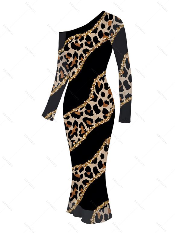 Elegant Party Dress Leopard Print with Gold Foil Line Print Skew Neck Mesh Panel Long Sleeve Bodycon Dress - Noir L | US 8-10