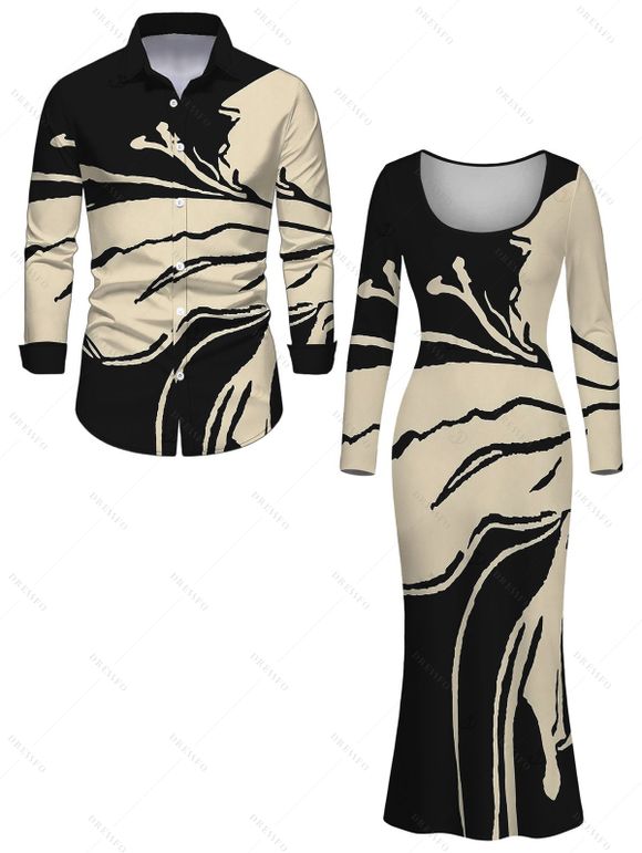 Winter Couple Outfit Colorblock Abstract Ink Painting Print U Neck Bodycon Dress and Long Sleeve Shirt Set - Noir S | US 4