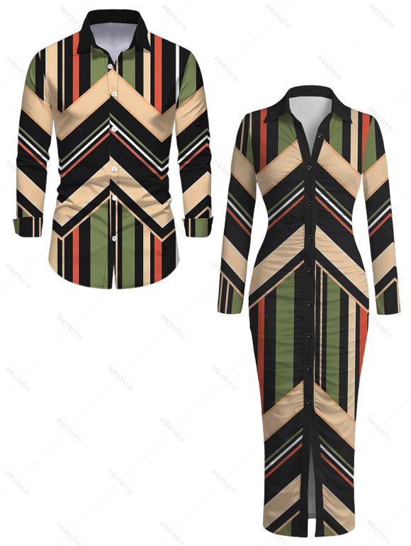 Vintage Couple Outfit Colorblock Geometric Zig Zag Print Ruched Button Up Bodycon Shirt Dress and Long Sleeve Shirt Set - multicolor A S | US 4
