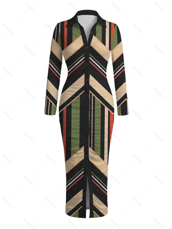 Vintage Couple Outfit Colorblock Geometric Zig Zag Print Ruched Button Up Bodycon Shirt Dress and Long Sleeve Shirt Set - multicolor A S | US 4