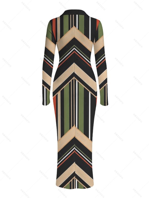 Vintage Couple Outfit Colorblock Geometric Zig Zag Print Ruched Button Up Bodycon Shirt Dress and Long Sleeve Shirt Set - multicolor A S | US 4