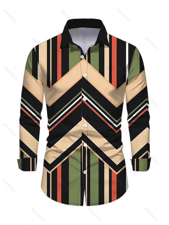 Vintage Couple Outfit Colorblock Geometric Zig Zag Print Ruched Button Up Bodycon Shirt Dress and Long Sleeve Shirt Set - multicolor A S | US 4
