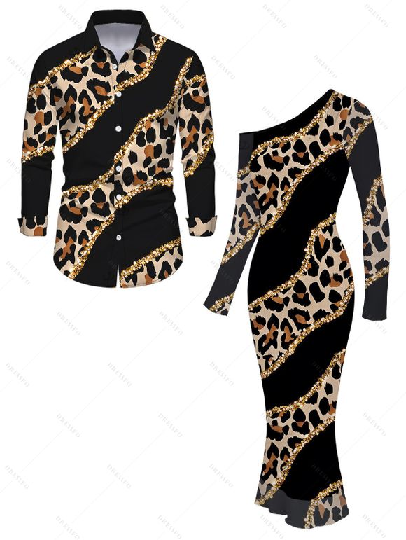 Party Couple Outfit Leopard Print with Gold Foil Line Print Skew Neck Mesh Panel Bodycon Dress and Long Sleeve Shirt Set - Noir S | US 4