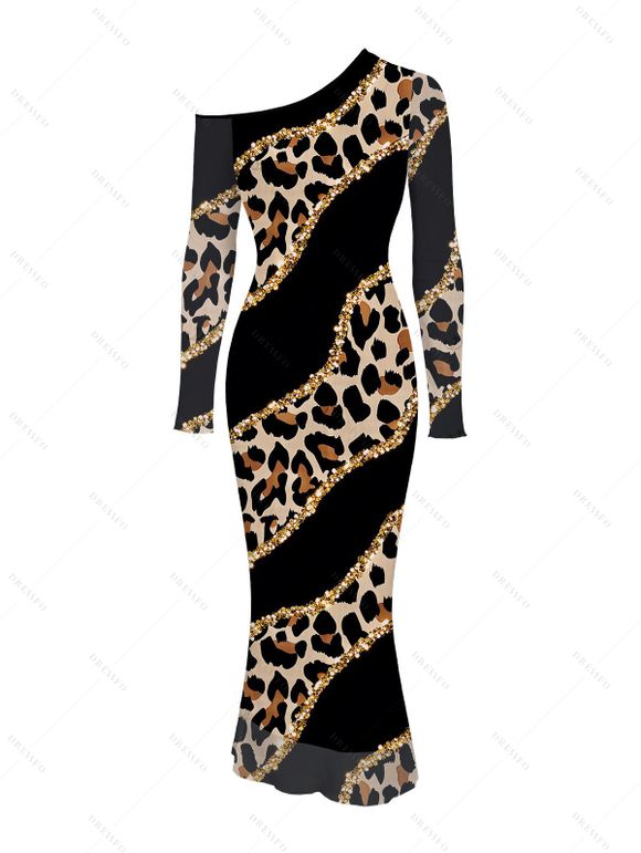 Party Couple Outfit Leopard Print with Gold Foil Line Print Skew Neck Mesh Panel Bodycon Dress and Long Sleeve Shirt Set - Noir S | US 4