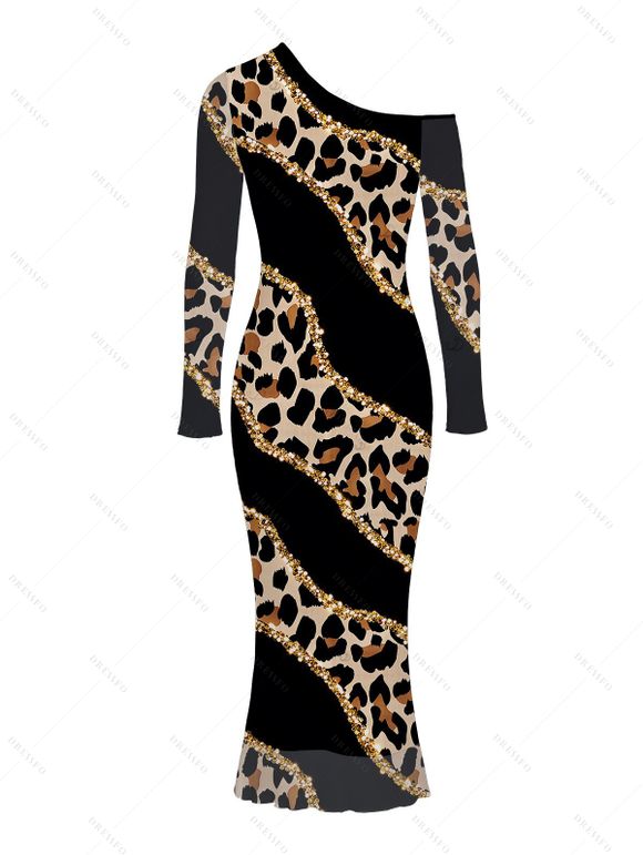 Party Couple Outfit Leopard Print with Gold Foil Line Print Skew Neck Mesh Panel Bodycon Dress and Long Sleeve Shirt Set - Noir S | US 4
