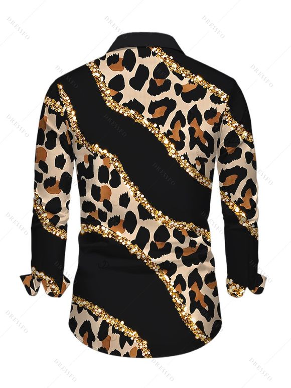 Party Couple Outfit Leopard Print with Gold Foil Line Print Skew Neck Mesh Panel Bodycon Dress and Long Sleeve Shirt Set - Noir S | US 4