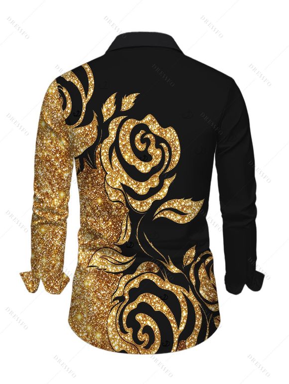 Men's Party Shirt Gold Glitter Rose Floral Print Button Up Long Sleeve Shirt - Noir 5XL