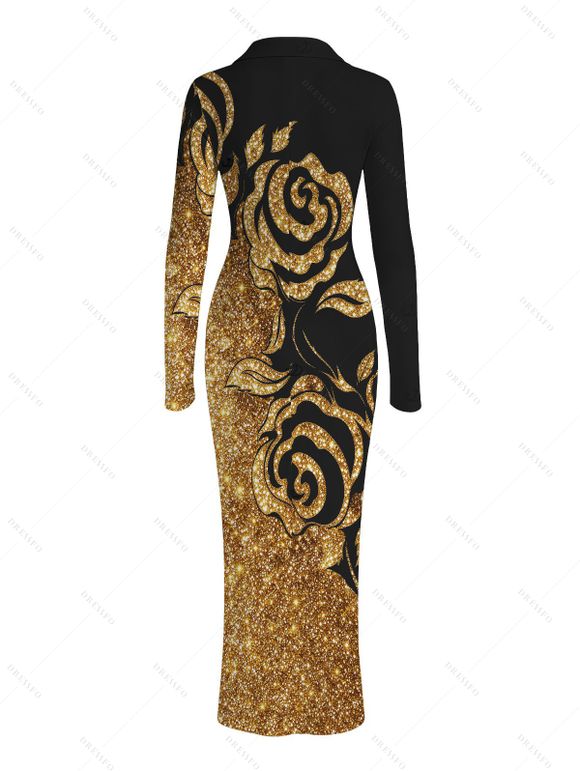 Party Shirt Dress Gold Glitter Rose Floral Print Ruched Button Up Long Sleeve Bodycon Dress - Noir S | US 4