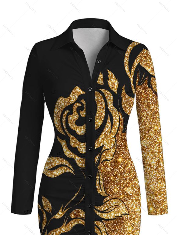 Party Shirt Dress Gold Glitter Rose Floral Print Ruched Button Up Long Sleeve Bodycon Dress - Noir S | US 4