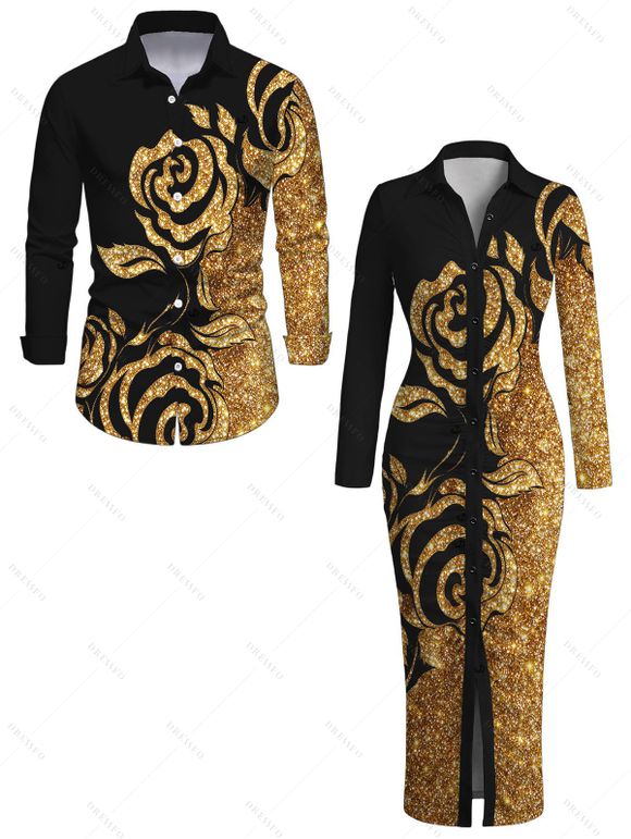 Party Couple Outfit Gold Glitter Rose Floral Print Ruched Button Up Bodycon Shirt Dress and Long Sleeve Shirt Set - Noir S