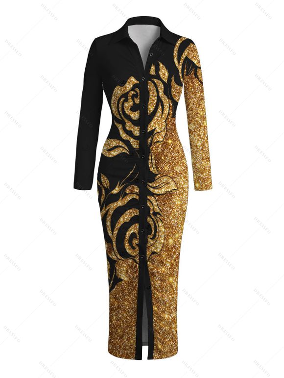 Party Couple Outfit Gold Glitter Rose Floral Print Ruched Button Up Bodycon Shirt Dress and Long Sleeve Shirt Set - Noir S