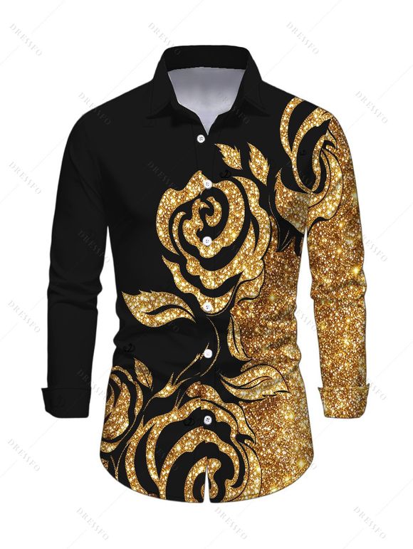 Party Couple Outfit Gold Glitter Rose Floral Print Ruched Button Up Bodycon Shirt Dress and Long Sleeve Shirt Set - Noir S
