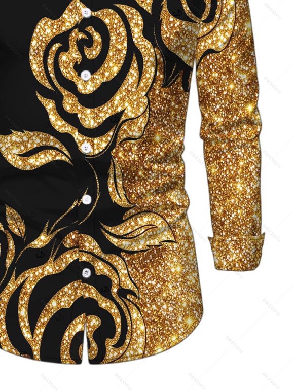 Party Couple Outfit Gold Glitter Rose Floral Print Ruched Button Up Bodycon Shirt Dress and Long Sleeve Shirt Set - Noir S